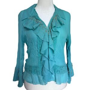 Vintage SLB Crinkle Ruffle Beaded Lace Trim Turquoise‎ Top Women's XL Fairycore